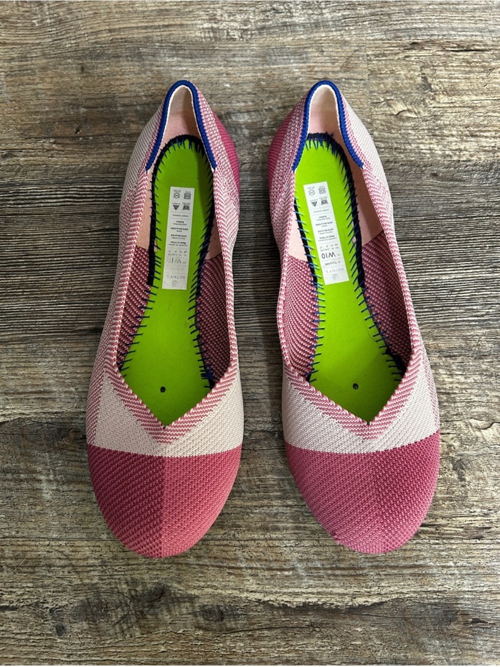 Rothy's Pink Chevron Knit Ballet Flats with Lime Insole